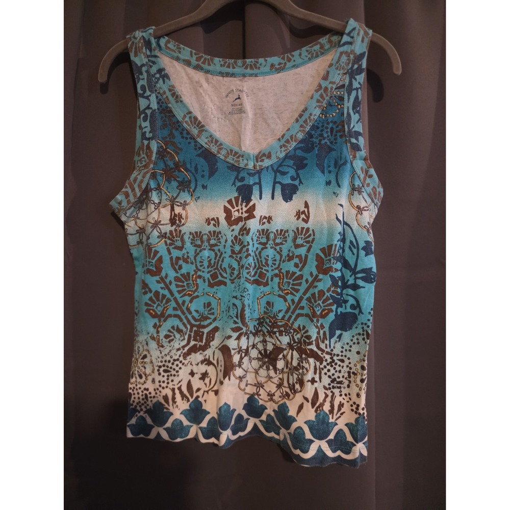 White Stag Tank Top Blue Brown Floral Print Women's Size S 4/6 Glitter